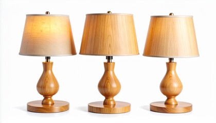 Three Matching Table Lamps with Wooden Bases and Fabric Shades Home Decor