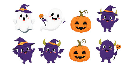 Fototapeta premium Cute halloween ghosts, pumpkins, and monsters isolated on white background