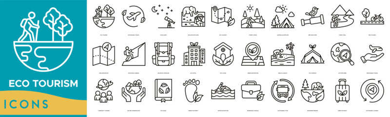Eco Tourism icon line set. Eco Tourism, Sustainable Travel, Star Gazer, Wildlife Watching, Eco Journey, Forest Hiking, Camping Adventure and Bird Watching