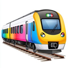 Naklejka premium Modern Colorful Commuter Train on Tracks, Rainbow Design, White Background