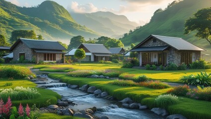 Naklejka premium Picturesque mountain village nestled by a babbling brook.