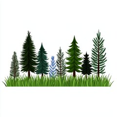 Pixel Art of Various Coniferous Trees in Lush Green Grass