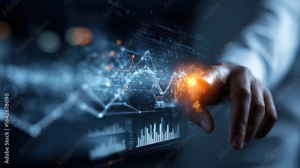 Poster hand touching futuristic data visualization business analytics concept.