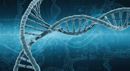 DNA Strand with Scientific Data Blue Background Science Concept.