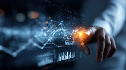 Hand touching futuristic data visualization business analytics concept.