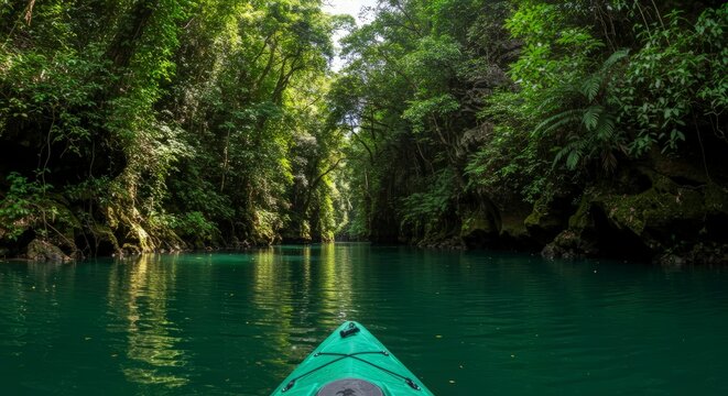 Kayaking on a tranquil river through a lush rainforest canyon, first person view. - Powered by Adobe