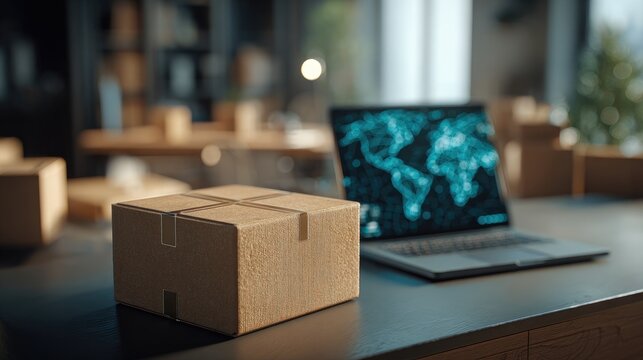 Modern workspace with package and laptop