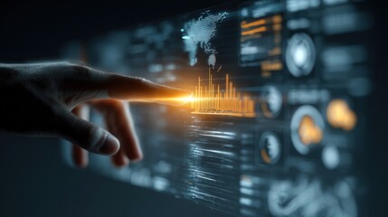 Hand Touching Futuristic Data Visualization Interface Glowing Orange Light.
