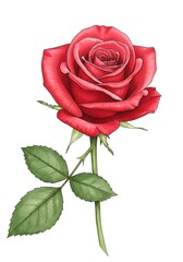 Fototapeta premium Vibrant Red Rose Illustration with Green Leaves and Stem