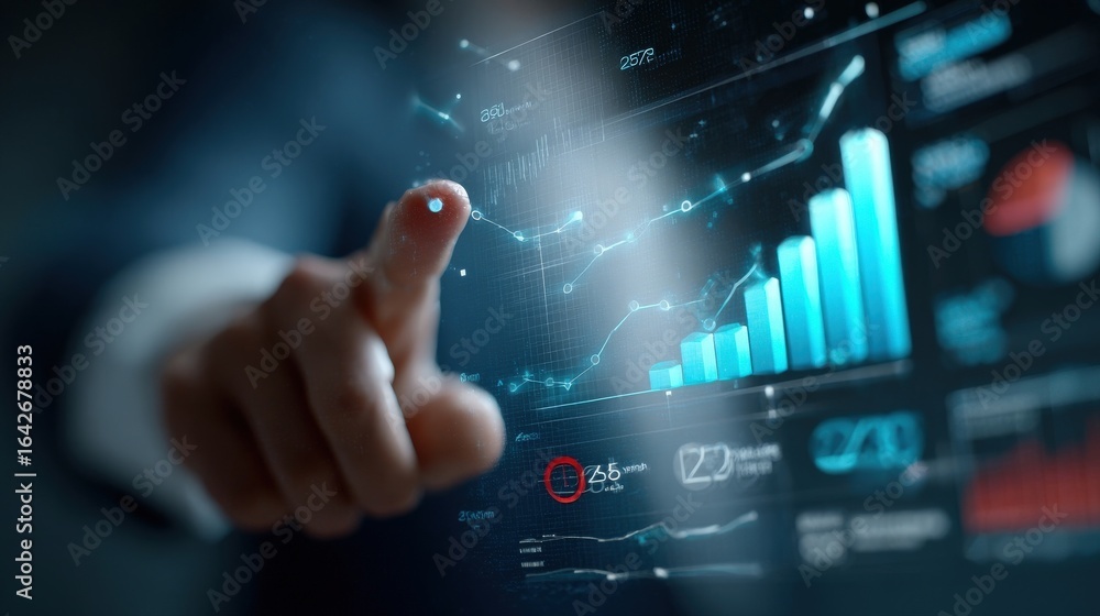 Poster finger touching data visualization business analytics futuristic interface.