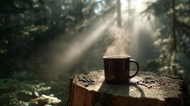 Dark mug of steaming hot drink sits on a tree stump in a sunlit forest. Rays of light pierce the trees, creating a tranquil atmosphere. 