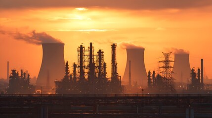 Industrial refinery at sunset with steel structures against a dramatic orange sky.