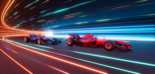 3d rendering racing cars racing on futuristic illuminated track at night