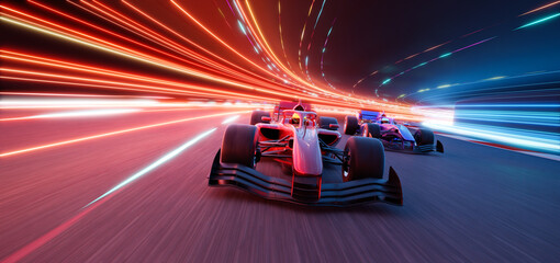 3d rendering racing cars racing on futuristic illuminated track at night © jamesteohart