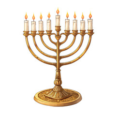 Fototapeta premium A gold-colored nine-branched menorah used in Hanukkah. All nine candles are lit, with the central one elevated. It rests on a decorative base and symbolizes the Jewish tradition celebrating.