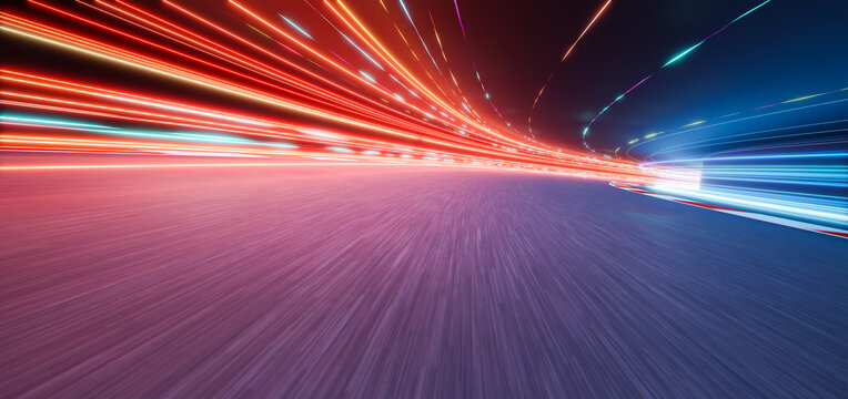 3d rendering racing track with light trails at night showing speed and competition