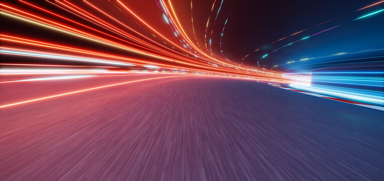 3d rendering fast speed lights trails racing on highway at night