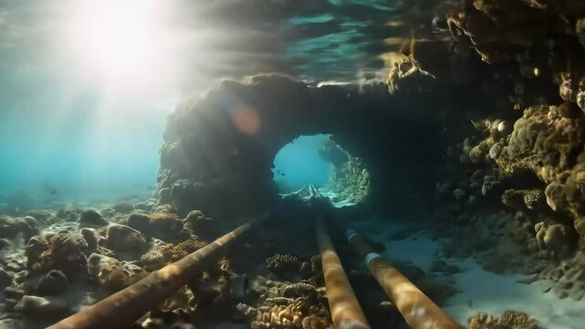 View of submarine internet cables laid through underwater tunnel, demonstrating protected routes for secure global communication networks.