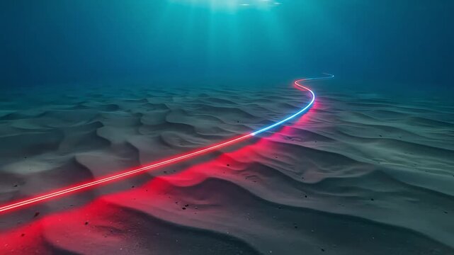 Red-illuminated submarine internet cable lying on sandy ocean floor, representing high-speed data transmission and network connectivity.