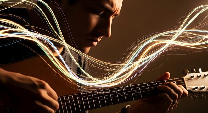 Musician playing acoustic guitar with colorful light trails, conveying creativity and sound waves - Powered by Adobe