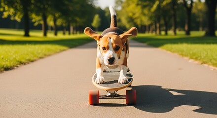 Joyful beagle dog with floppy ears skillfully rides a skateboard down a sunny park path with trees and grass