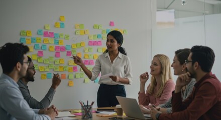 Business Team Meeting with Presentation and Sticky Notes.