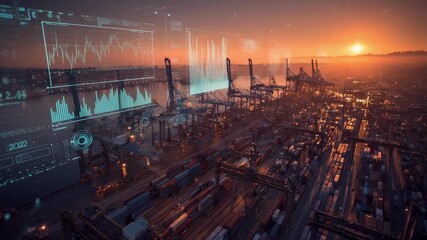 A birdseye view of a bustling port at sunset where cranes are unloading shipping containers while a futuristic interface displaying realtime shipping data and financial forecasts hovers - Powered by Adobe
