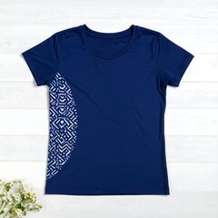 Navy blue short-sleeved shirt with a white geometric design on the side, laid flat on a white wooden background