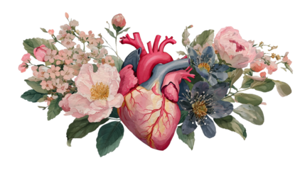 Anatomical Heart with Pink and Blue Flowers isolated on a transparent background