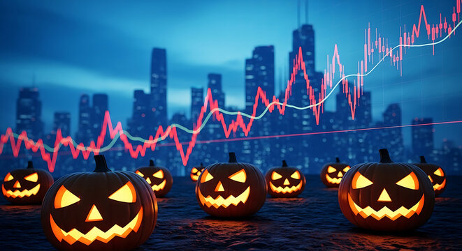 Halloween pumpkins with stock market graph in the background at night
