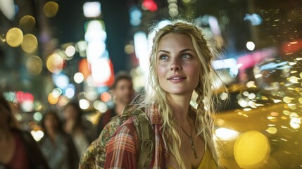 Portrait of a happy young blonde woman with braided hair smiling in a bustling city at night, with blurred colorful lights and bokeh in the background