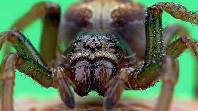 Macro Close-up of a Brown and Green Spider on a Vibrant Green Background