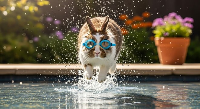 Cute fluffy rabbit wearing swimming goggles enthusiastically jumping into a swimming pool creating a splash