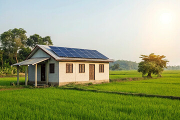 Obraz premium Rural House with Solar Panels – Renewable Energy Concept