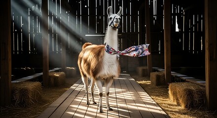 Majestic llama standing proudly in a sunlit barn wearing an american flag scarf celebrates independence day
