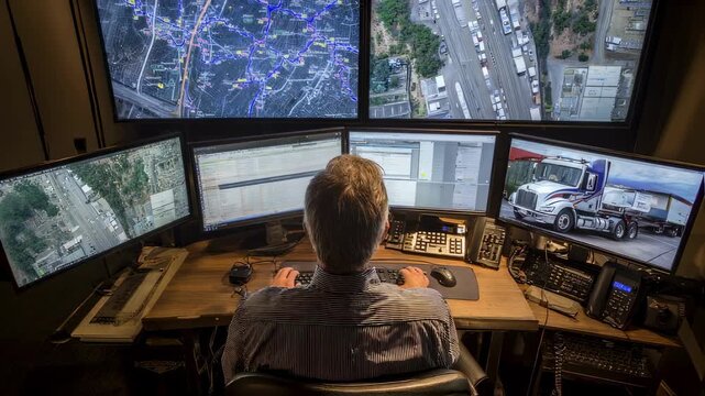 Logistics coordinator oversees fleet movements utilizing advanced software on multiple screens coordinating with transport teams to optimize shipment efficiency.
