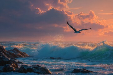 A seagull soars above a dramatic sunrise over turbulent waves