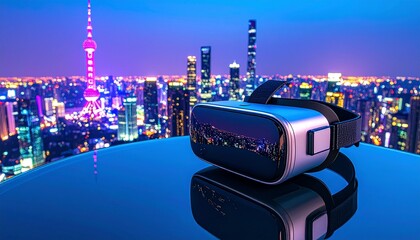 Virtual reality headset on a reflective surface overlooking a vibrant futuristic cityscape at night, symbolizing innovation, digital connection, and immersive experiences.