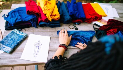 Overhead view of a designer's hands working with colorful fabric swatches and fashion sketches on a rustic wooden table, representing textile creation and creative process.