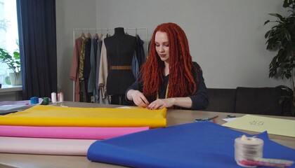 A focused woman with red hair works on fabric at her studio table, surrounded by colorful materials and fashion design tools, embodying creativity and craftsmanship.