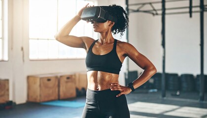 Fit woman engaged in a virtual reality workout session at a gym, combining technology and exercise for an immersive fitness experience.