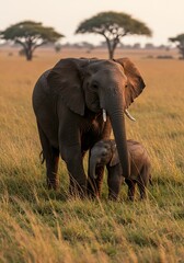 Naklejka premium Elephant mother with calf in African savanna