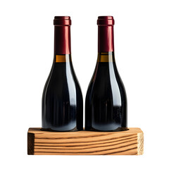 Two wine bottles on elegant wooden holder, isolated on a white background