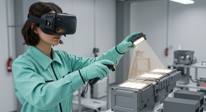 Woman in VR Headset Inspecting LED Lighting Fixtures in a Cleanroom.