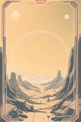 Arid alien landscape with rock formations distant mountains a desolate canyon and geometric accents