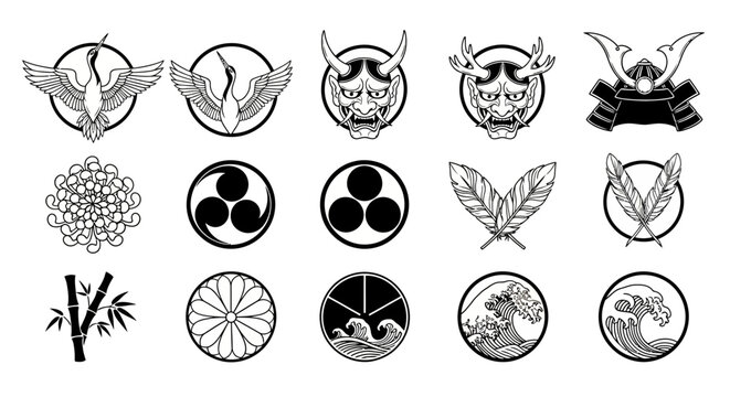 Japanese crests with mon, icons, vector, and set.