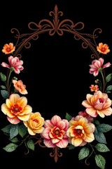 Floral frame on black with pink yellow and orange flowers accented by brown ornamental swirls