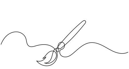 Continuous line drawing of a paintbrush creating a flowing, wavy stroke, symbolizing creativity,art, and free expression through a single line, fluid motion.Paint brush isolated on a white background