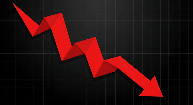 Downward arrow showing economic decline and market downturn illustration on black background