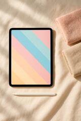 Pastel Stripe iPad Mockup with Cozy Towels and Stylus on Soft Fabric